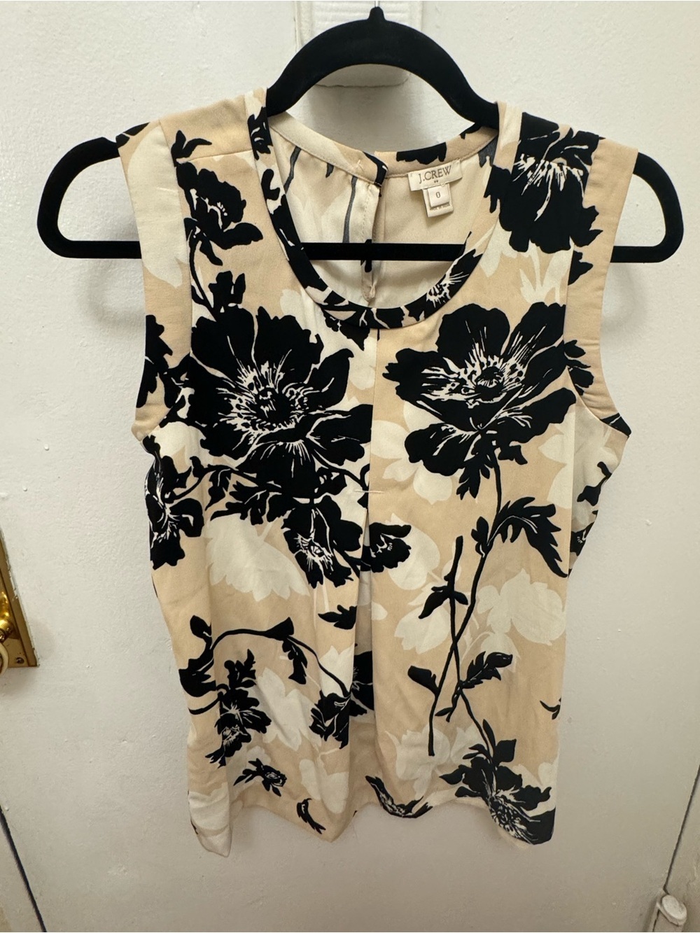 J. Crew Black Floral Print on Beige Sleeveless Blouse - Picture 2 of 5